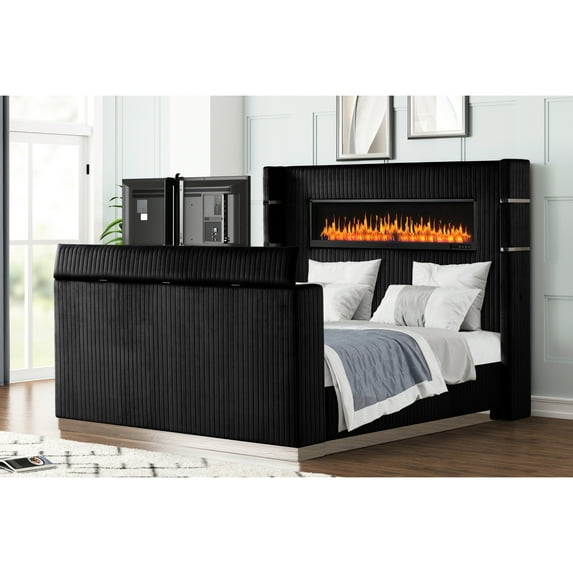 Modern Queen Bed With Fireplace In Headboard & Tv Stand Dark Color Elegant Heatless