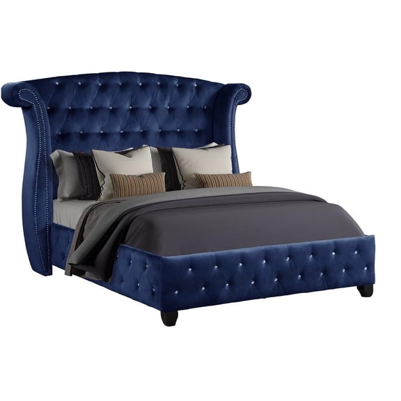 Modern Queen Bed with Crystal Tufted Headboard, Plush Velvet Upholstery, Blue Fabric
