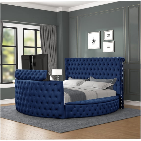 Modern Queen Bed with Crystal Tufted Headboard, USB Charging Ports, and Under-Bed Storage in Blue Velvet