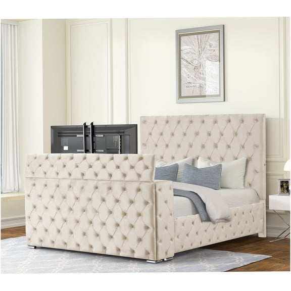 Modern Queen Bed with Electric Fireplace & Hidden TV Storage, Velvet Upholstered Platform Bed Frame, Beige Tufted Bedroom Furniture