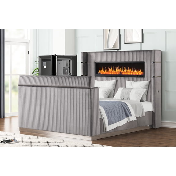 Modern Queen Bed with Heatless Fireplace Headboard and TV Stand Footboard / Enhance Bedroom Comfort & Entertainment