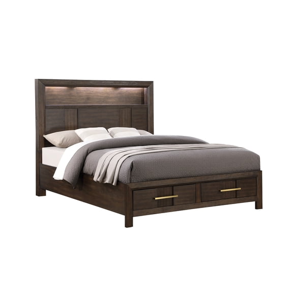 Modern Queen Bed with LED Headboard, Bluetooth Speakers, USB Ports, Bookshelf & Storage Drawer, Walnut Finish