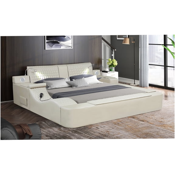 Modern Queen Bed with Massage, Bluetooth Speakers, USB Charging and Storage, Faux Leather Upholstered Platform Bed Frame, Beige