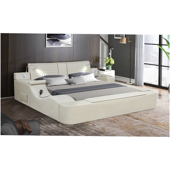Modern Queen Bed with Massage, Bluetooth, USB Charging & Storage, Beige Faux Leather