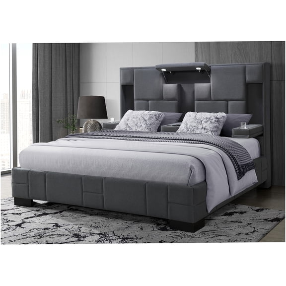 Modern Queen Bed with Wireless Charging, Bluetooth Speakers, and LED Lights for Bedroom