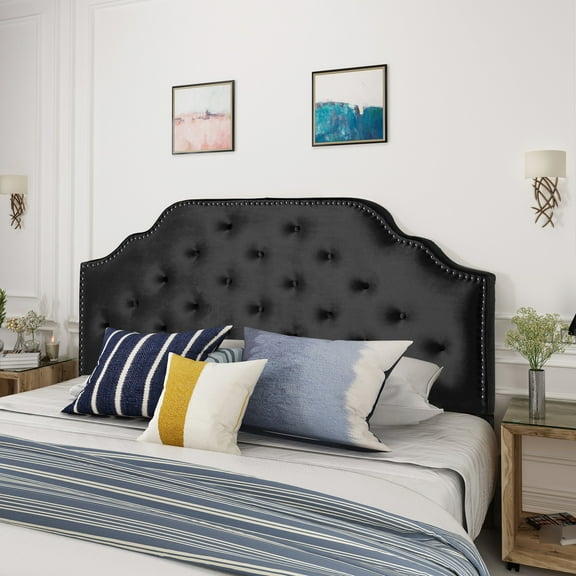 Modern Queen & Full Sized Headboard - Button Diamond Stitch Velvet With Classy Nailhead Accents, Black, Assembly Required And Elegant Trim, Needed