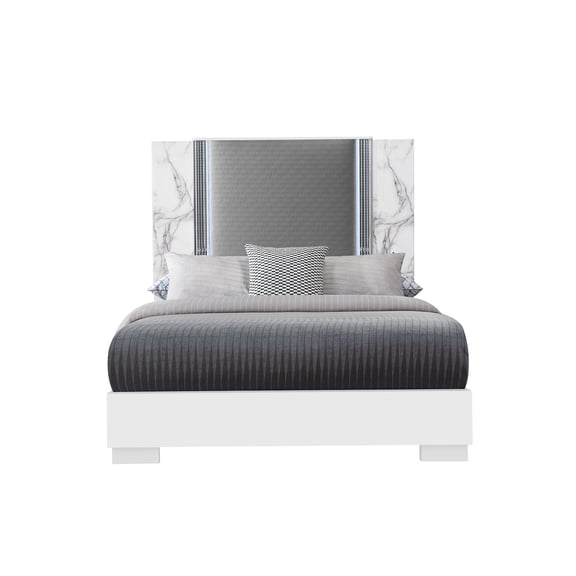 Modern Queen LED Bed Frame with White Marble Headboard, Wood Platform Bed with Underlighting