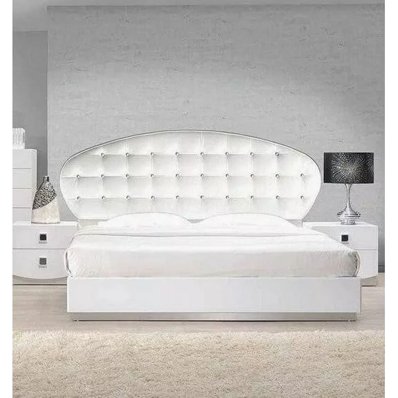 Modern Queen Platform Bed, Crystal Tufted Headboard, White Lacquer Finish