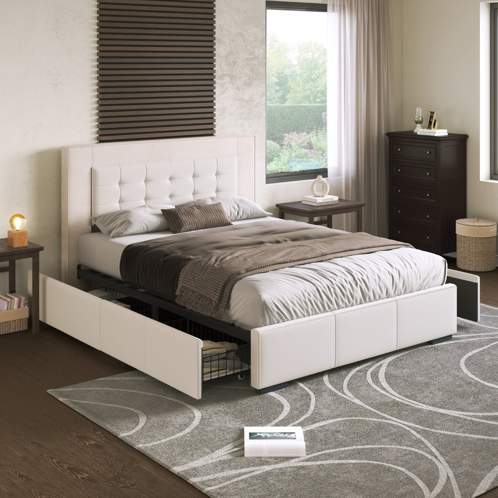 Modern Queen Platform Bed Frame with Four Drawers, Upholstered Platform