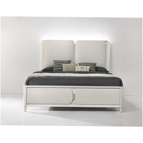 Modern Queen Platform Bed Frame with LED Lights, Clear Acrylic Legs & Boucle Headboard, Upholstered Light Gray White Finish, Box Spring Required