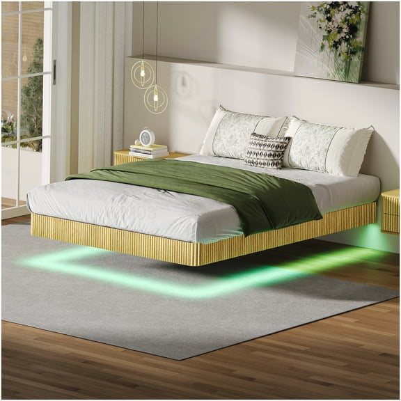 Modern Queen Platform Bed Frame with LED Lights, Wave Curve Headboard, Heavy Duty Support, Oak Finish, No Box Spring Needed
