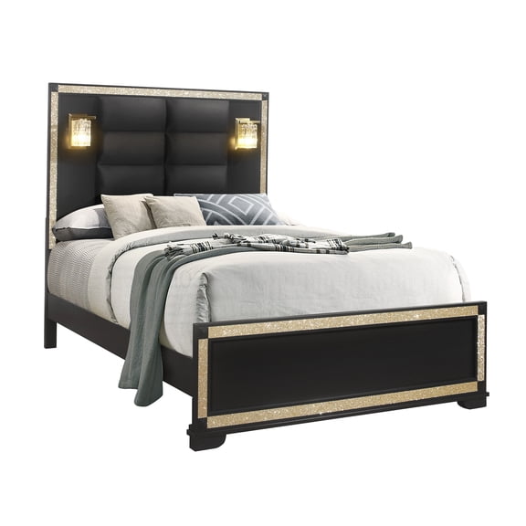 Modern Queen Platform Bed with Upholstered Headboard and LED Lights, Space Saving Bed Frame with Wood Slats, No Box Spring Required, Black Gold Bed Set