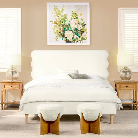 Modern Queen Platform Bed With Wavy Headboard, Antique White. Upholstery, Wood Construction, No Box Spring Requirement White Headboard For Queen. Foam Wood, Required
