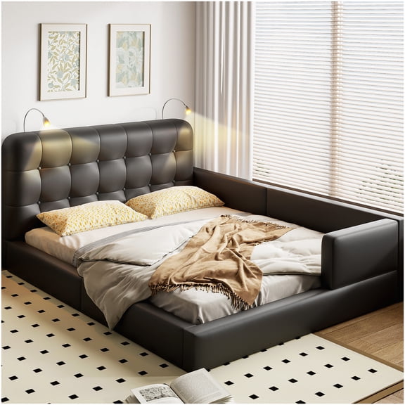 Modern Queen Platform Bed with LED Lights, Upholstered Low Profile Bed Frame with No Box Spring Needed