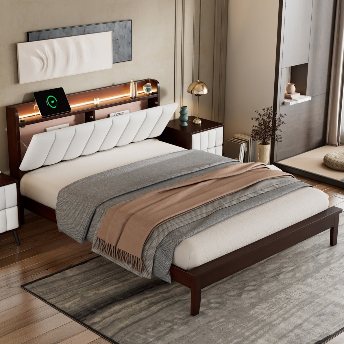 Modern Queen Platform Bed with USB Ports, LED Bed Frame with Storage Headboard, Upholstered Bed