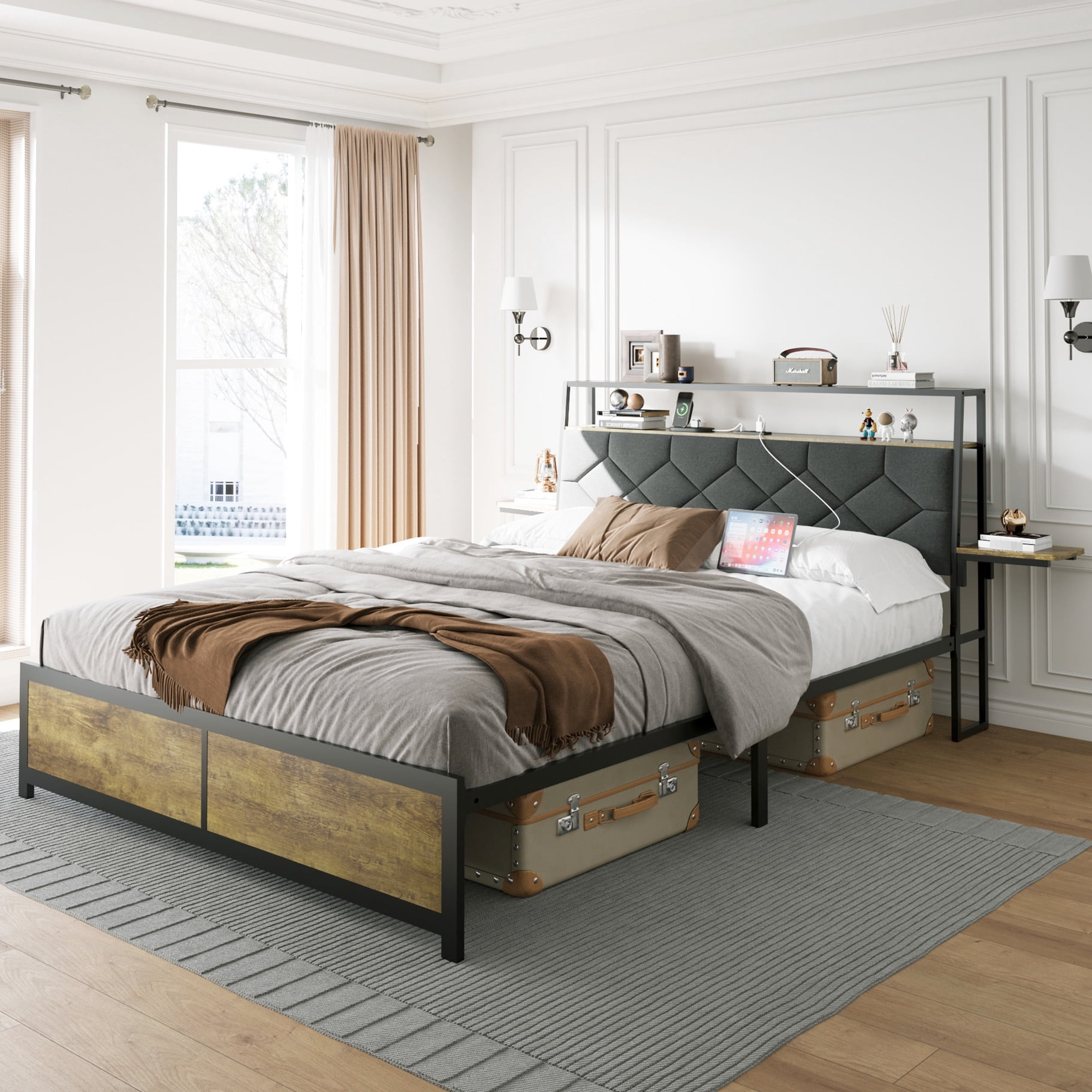 Modern Queen Size Bed Frame With Led, Port, Power Outlet, Upholstered ...