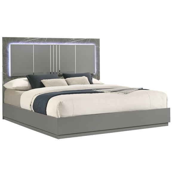 Modern Queen Size Bed Frame with LED Headboard, Gray Glossy Marble Finish, Built-in Lights, Sturdy Metal Base, Box Spring Compatible