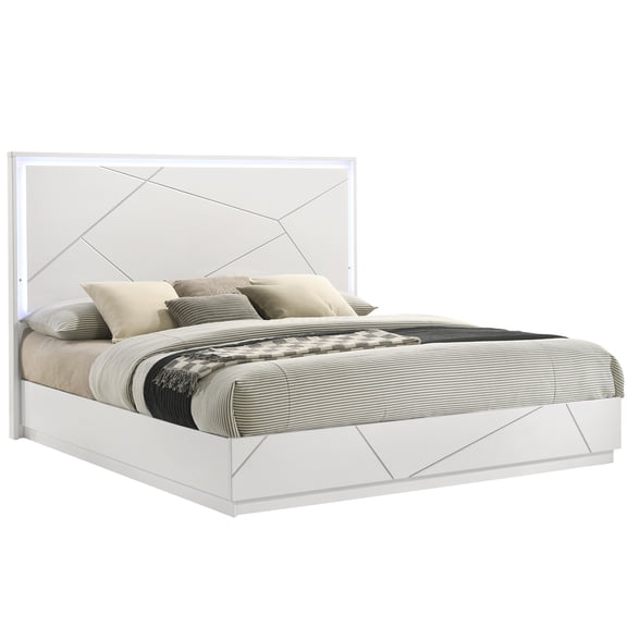 Modern Queen Size Bed Frame with LED Headboard, White Gloss Finish, Geometric Platform Bed for Contemporary Bedroom