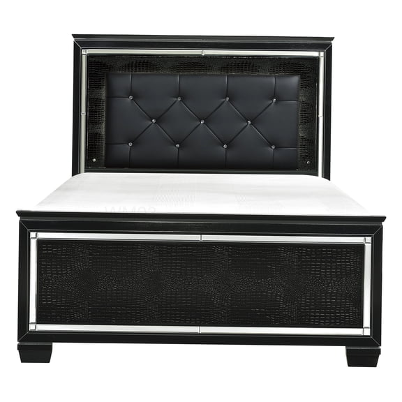 Modern Queen Size Bed Frame with LED Lights, Faux Leather Storage Bed with Tufted Headboard