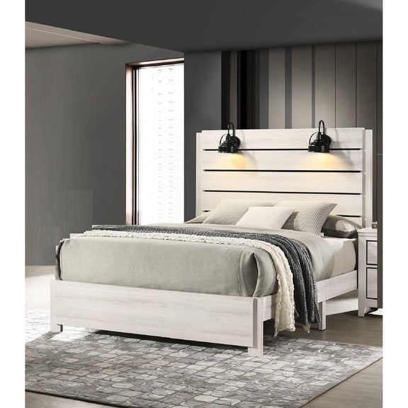 Modern Queen Size Bed, Strong Wood Construction, Bedroom Essential Rustic Style Headboard Lamps, Furniture Item