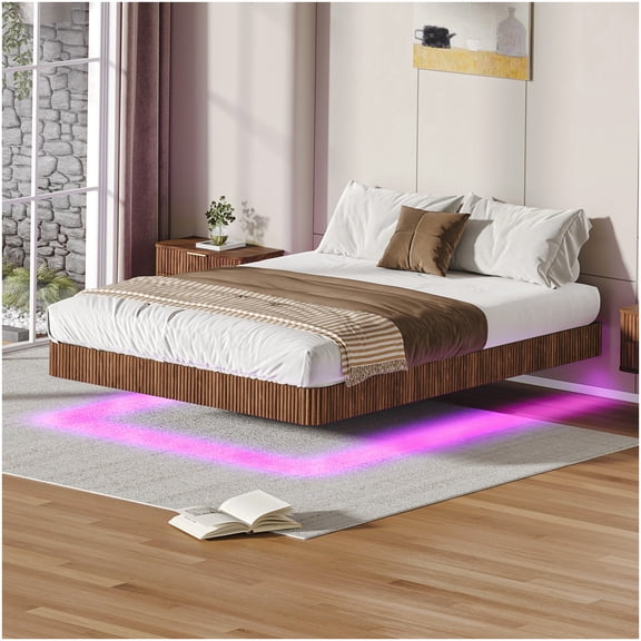 Modern Queen Size Bed with LED Music Sync Lights, Wave Design Headboard, 1000lbs Support, Platform Bed Frame, No Box Spring Needed