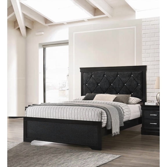 Modern Queen Size Bed with Upholstered Headboard & Crystal Buttons