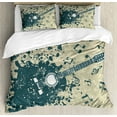 thumbnail image 1 of Modern Queen Size Duvet Cover Set, Acoustic Guitar on Retro Murky Background with Music Notes Melody Illustration, Decorative 3 Piece Bedding Set with 2 Pillow Shams, Beige Dark Blue, by Ambesonne, 1 of 3