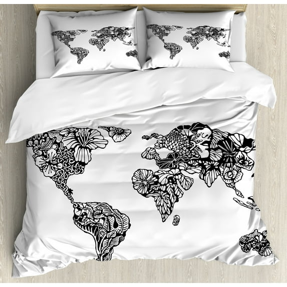 Modern Queen Size Duvet Cover Set, Artistic Sketch Style World Map with Floral Charm Purity on Earth Themed Print, Decorative 3 Piece Bedding Set with 2 Pillow Shams, Black White, by Ambesonne