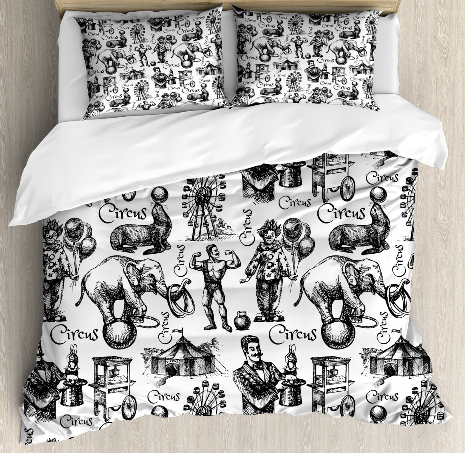 Queen Size Black and White Circus Themed Duvet Cover Set