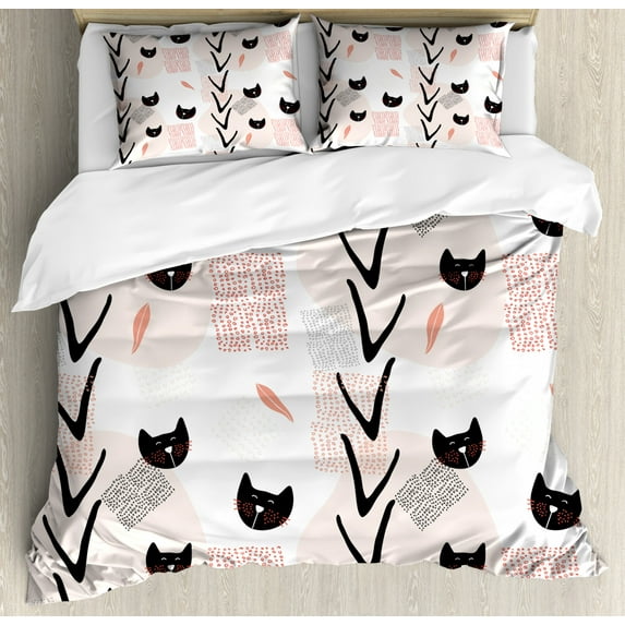 Modern Queen Size Duvet Cover Set, Cute Cat Faces with Dotted Whiskers Kittens Animals Kids Nursery Theme, Decorative 3 Piece Bedding Set with 2 Pillow Shams, Dark Coral Black Peach, by Ambesonne