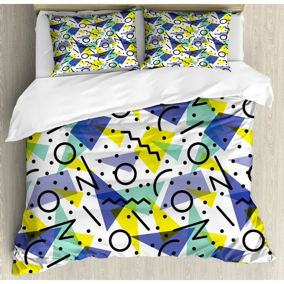 Modern Queen Size Duvet Cover Set, Geometrical Retro 80s Themed Image with Lines Circles and Spots Print, Decorative 3 Piece Bedding Set with 2 Pillow Shams, Blue Yellow and Black, by Ambesonne
