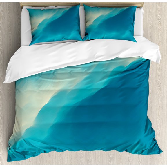 Modern Queen Size Duvet Cover Set, Oil Artwork Cloud Wave Image with Ombre Seem Colored Contemporary Artwork Print, Decorative 3 Piece Bedding Set with 2 Pillow Shams, Blue and White, by Ambesonne