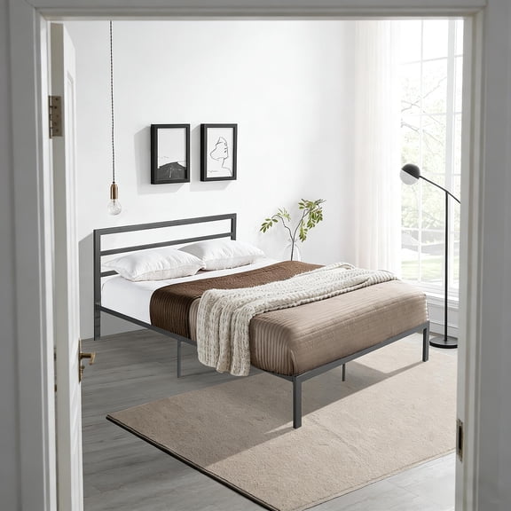 Modern Queen Size Metal Platform Bed Frame with Integrated Headboard, Charcoal Grey Finish, 10.83" Under-Bed Storage, No Box Spring Needed