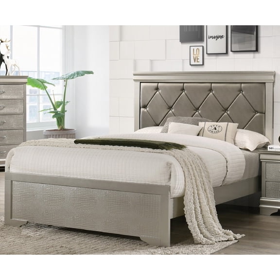 Modern Queen Size Panel Bed with Crocodile Texture & Crystal-Button Upholstery