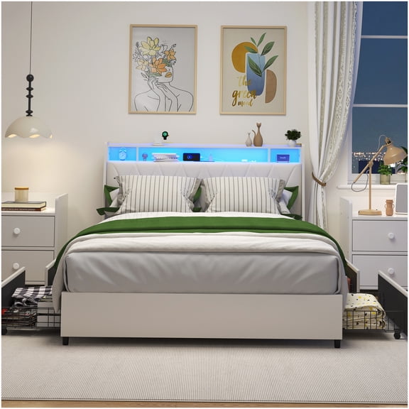 Modern Queen Size Platform Bed Frame with LED Headboard, USB Ports, and Storage, Noise-Free Metal Bed No Box Spring