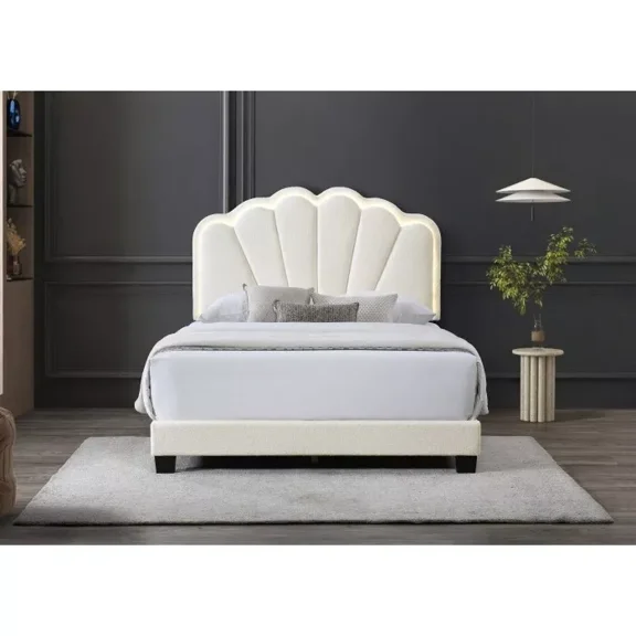 Modern Queen Size Platform Bed, Shell Arc Adjustable LED Headboard, Beige
