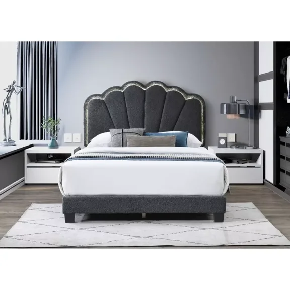 Modern Queen Size Platform Bed, Shell Arc Adjustable LED Headboard, Gray