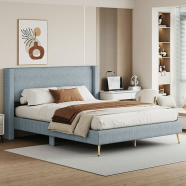 Modern Queen Size Platform Bed with Metal Legs and Corduroy Headboard, Wooden Bed Frame for Bedroom, Gray