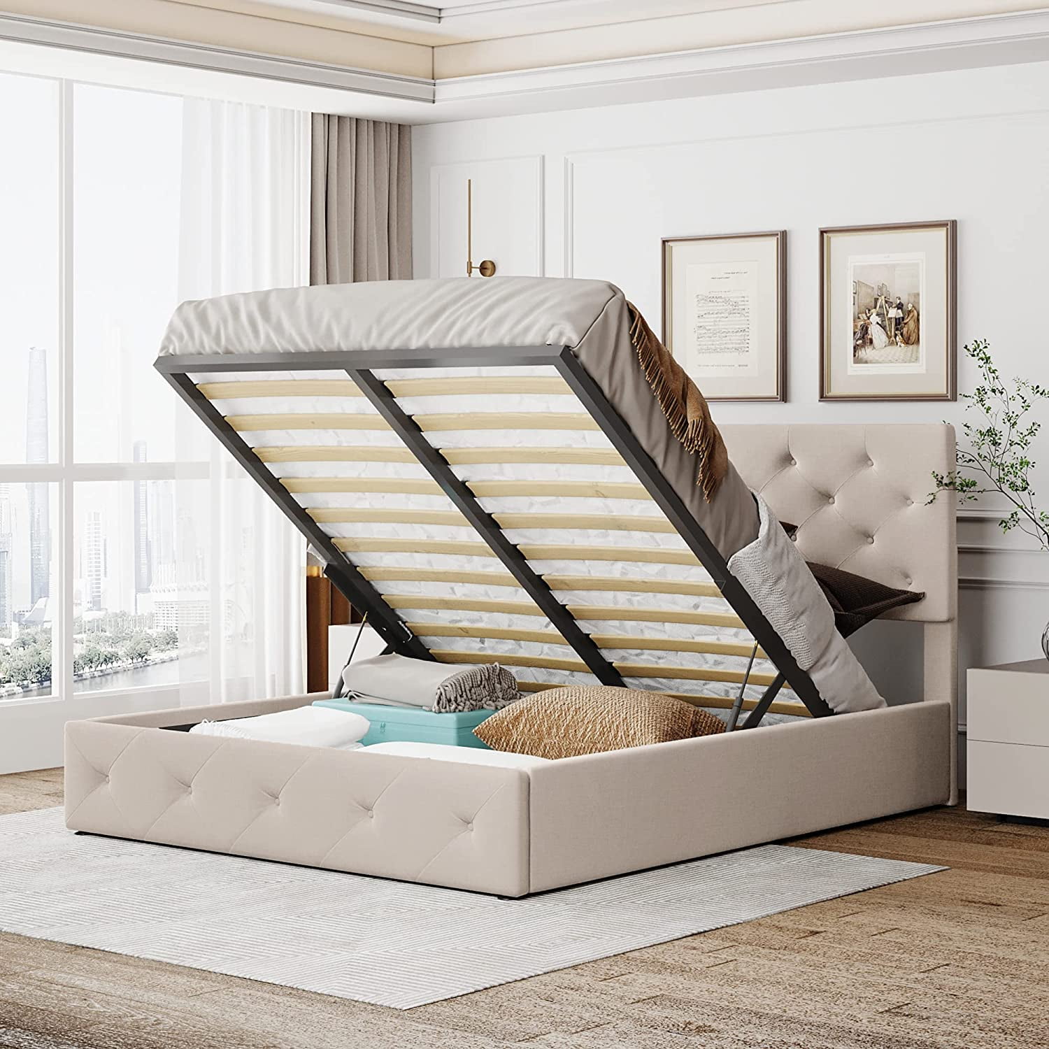 Modern Queen Size Upholstered Platform Bed with Lift Up Storage