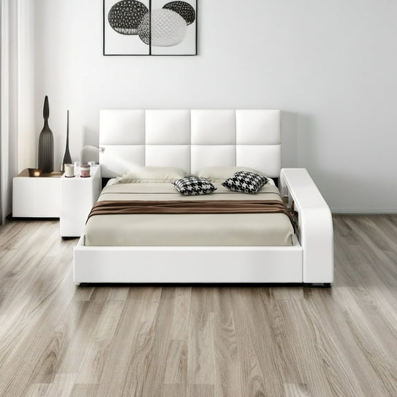 Modern Queen Size Upholstered Platform Bed with Multimedia Nightstand and Storage Shelves, Multi-Functional Storage Platform Bed with 2 Cup Holders, Bedroom Furniture