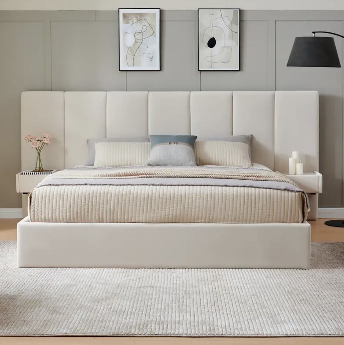 Modern Queen Size Upholstered Platform Bed with Extended Panel Headboard and Built-In Nightstands  Beige