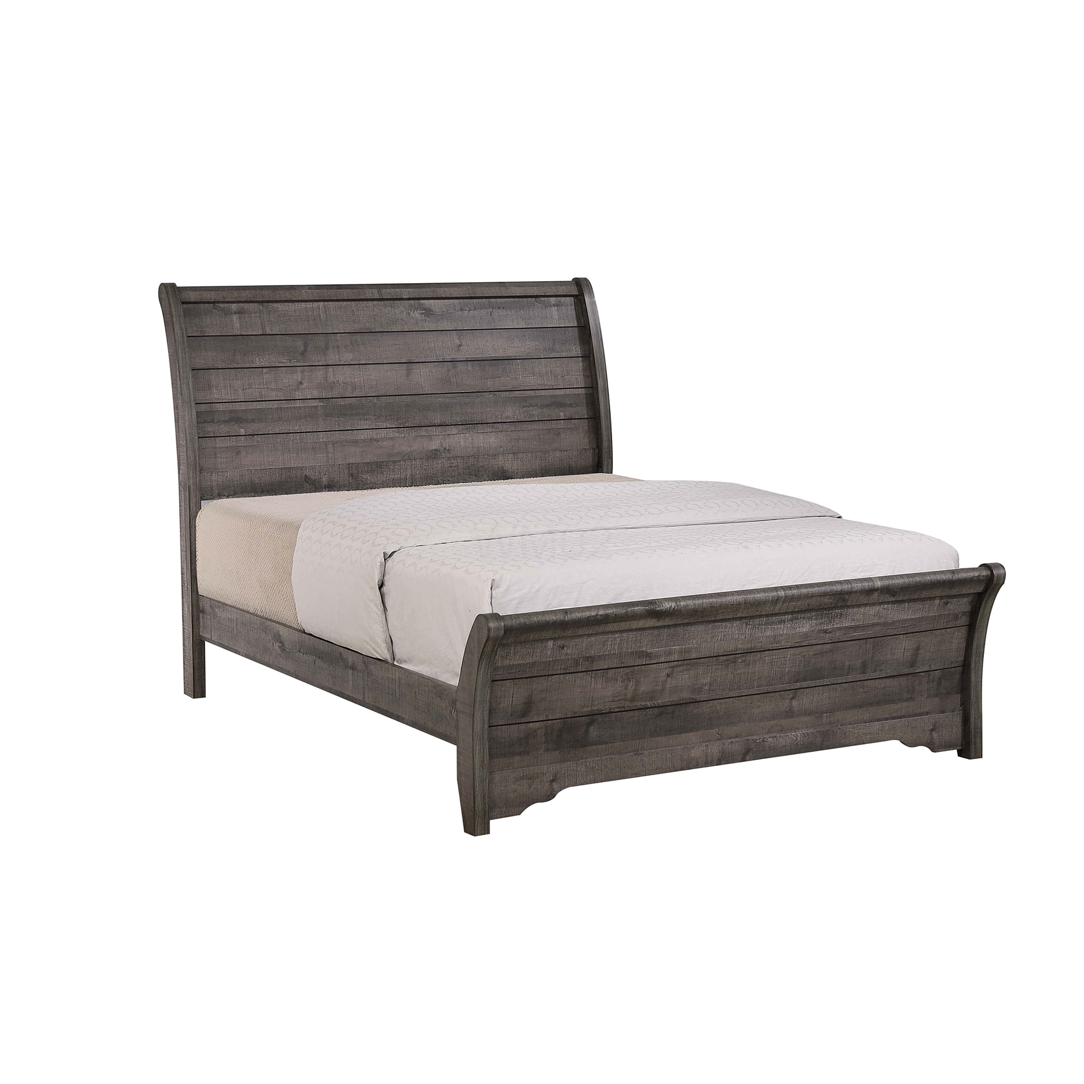 Modern Queen Sleigh Bed Frame with Upholstered Headboard, Gray Wood Platform Bed with Storage Base, Easy Assembly