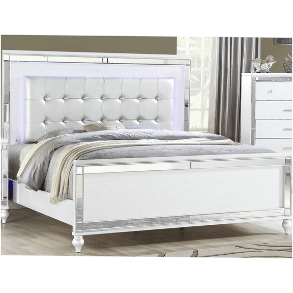 Modern Queen Upholstered Bed Frame with LED Headboard & Crystal Tufted Design, Low Profile Platform Bed with Storage