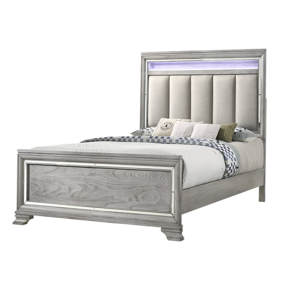 Modern Queen Upholstered Bed with LED Lights and Button Tufted Headboard in Gray