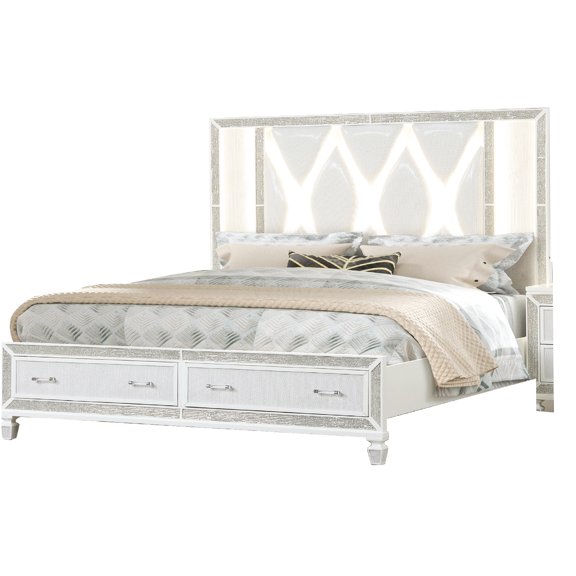 Modern Queen Upholstered LED Bed with Crystal Accents and Storage Platform, White Glam Design