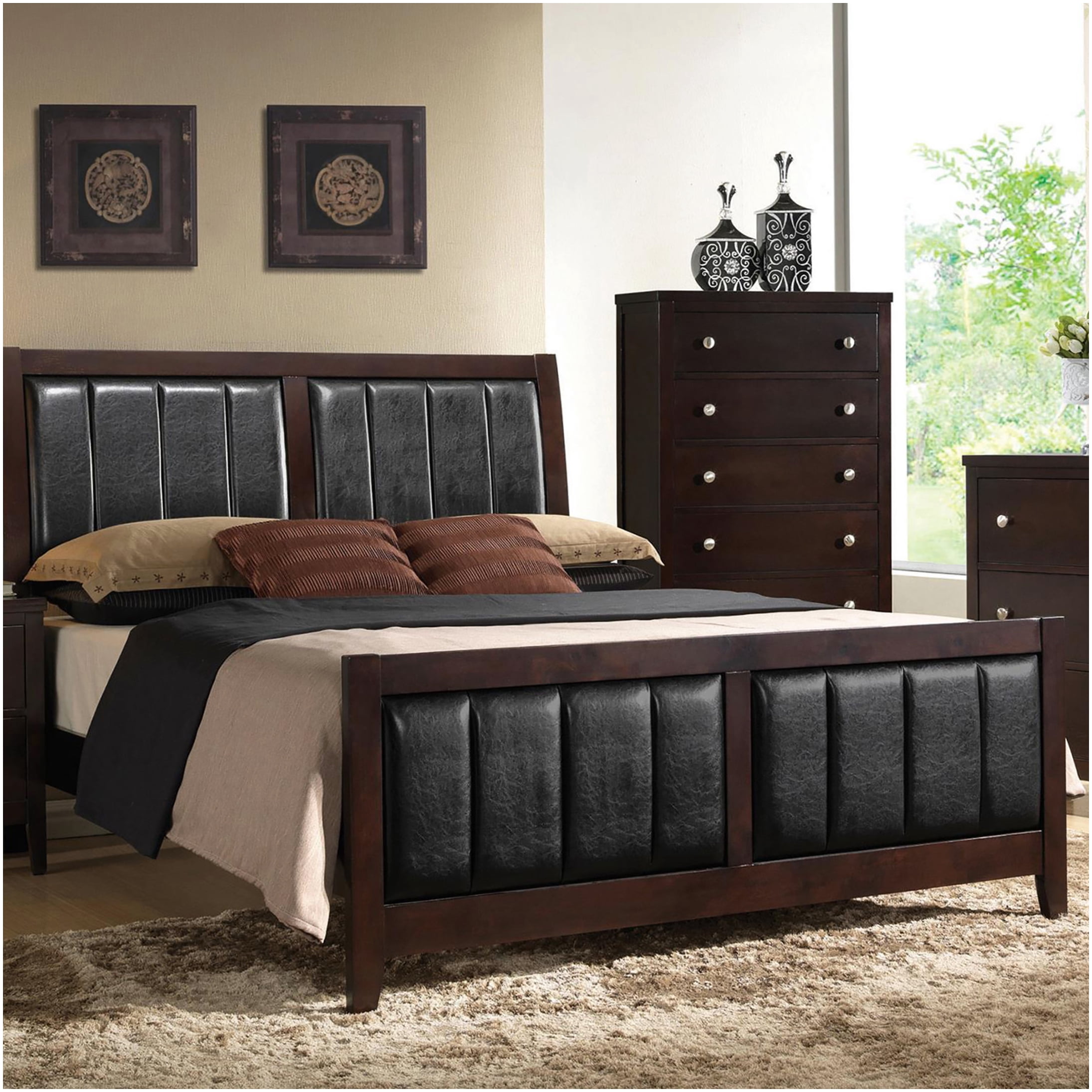 Modern Queen Upholstered Panel Bed Frame with Headboard, Cappuccino Brown Faux Leather and Wood Bed for Bedroom