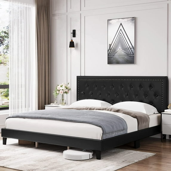 Modern Queen Upholstered Platform Bed Frame with Headboard, Easy Assembly, Black Faux Leather Design