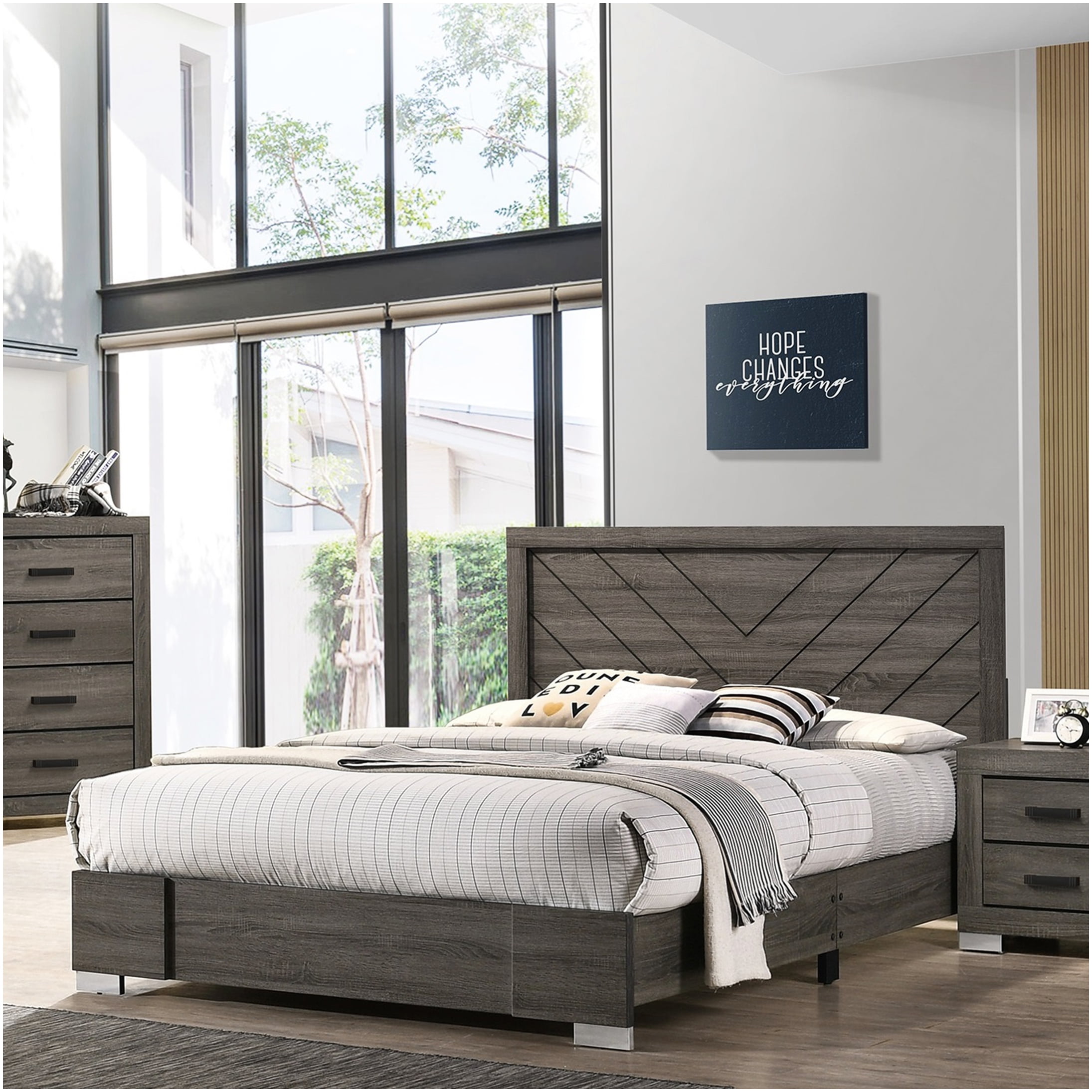 Modern Queen Upholstered Platform Bed Frame with Headboard, Gray Fabric Bed Base, No Box Spring Needed