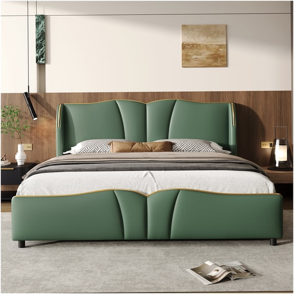 Modern Queen Upholstered Platform Bed with Wingback Headboard and Wavy Footboard, Dark Green PU Leather, No Box Spring Needed