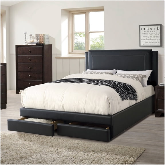 Modern Queen Upholstered Storage Bed Frame with Drawers, Faux Leather Platform Bed, Low Profile Footboard for Small Spaces